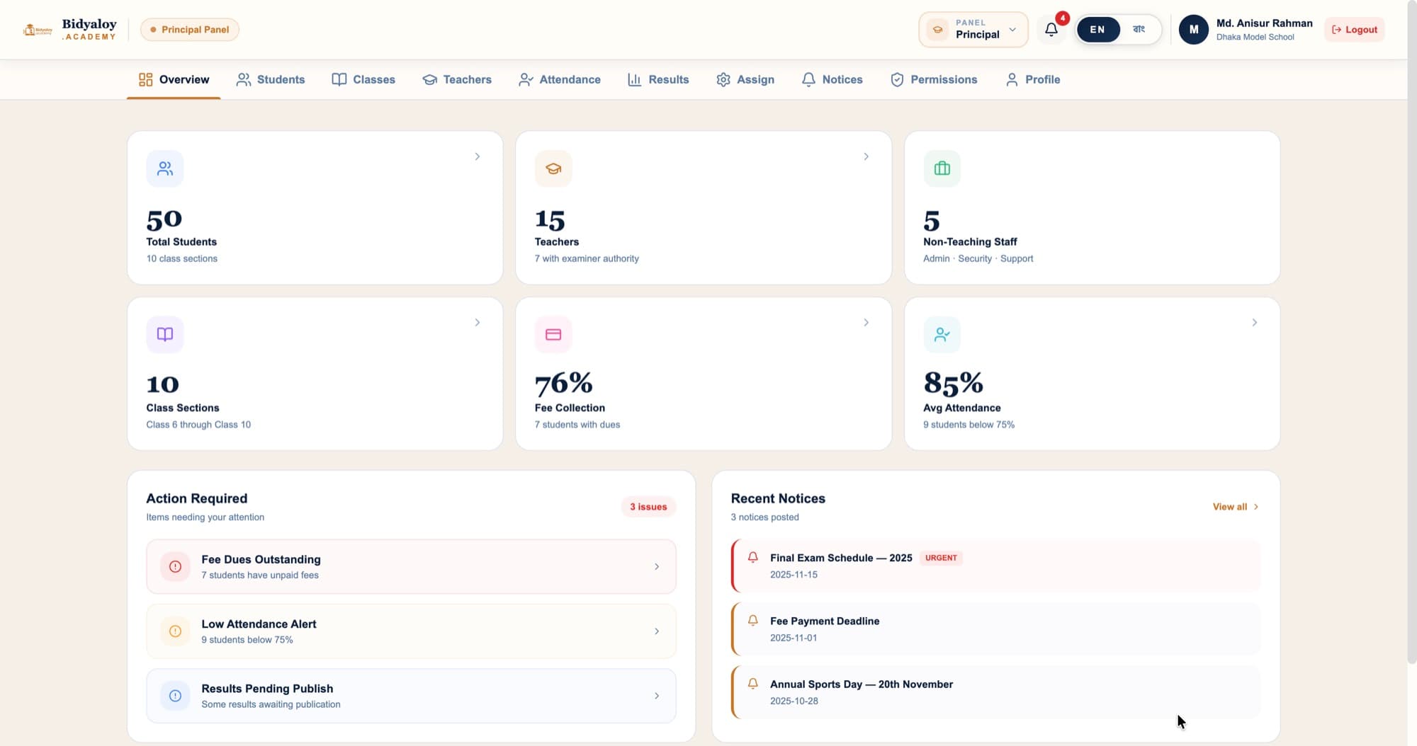 Bidyaloy principal panel showing students, teachers, fee collection and attendance at a glance